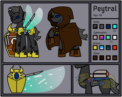 Size: 3526x2790 | Tagged: safe, oc, oc only, oc:peytral, changeling, armor, augmented, changeling oc, cloak, clothes, cybernetic wings, fantasy class, force field, high res, knight, nighthaze, nonbinary, paladin, reference sheet, royal guard armor, shield, warrior, wings