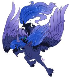 Size: 1214x1366 | Tagged: safe, artist:caffeinatedcarny, princess luna, alicorn, pony, g4, chin fluff, cloven hooves, coat markings, curved horn, dappled, facial hair, female, freckles, goatee, horn, horn runes, jewelry, mare, simple background, solo, tiara, transparent background, unshorn fetlocks