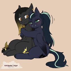 Size: 1200x1200 | Tagged: safe, artist:cold-blooded-twilight, oc, oc only, oc:arkessa, oc:eldin, earth pony, pegasus, pony, duo, ear piercing, earring, fangs, hug, jewelry, lip piercing, piercing, snake bites