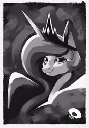 Size: 2100x3000 | Tagged: safe, artist:poxy_boxy, princess celestia, alicorn, pony, g4, black and white, bust, crown, eyebrows, female, grayscale, grin, high res, jewelry, mare, monochrome, regalia, signature, smiling, solo