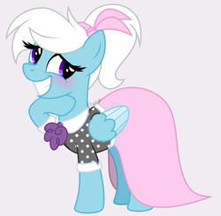 Size: 3300x3240 | Tagged: safe, artist:feather_bloom, oc, oc:feather bloom(fb), oc:feather_bloom, pegasus, pony, g4, blushing, clothes, dress, embarrassed, hair ribbon, high res, ponytail, pose, ribbon, simple background, smiling, solo