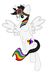 Size: 904x1280 | Tagged: artist needed, source needed, safe, oc, oc:lightning bliss, alicorn, anthro, unguligrade anthro, breasts, featureless breasts, female, goggles on head, rainbow tail, simple background, solo, tail, transparent background