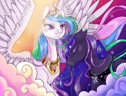 Size: 1024x778 | Tagged: safe, artist:phoenixfox96, princess celestia, princess luna, alicorn, pony, g4, blushing, duo, eyes closed, female, mare, royal sisters, siblings, sisters, smiling, spread wings, wings