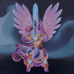 Size: 2000x2000 | Tagged: safe, artist:creeate97, king sombra, princess cadance, alicorn, pony, unicorn, g4, armor, cloven hooves, female, high res, levitation, magic, mare, offscreen character, reflection, solo, sword, telekinesis, weapon