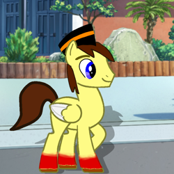 Size: 768x768 | Tagged: safe, artist:mazakbar567, oc, oc only, oc:bouraq, pegasus, pony, blue eyes, brown hair, brown mane, cap, hat, male, red shoes, shadow, simple background, smiling, solo, street, tree, walking, walking away, wings