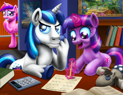Size: 3300x2550 | Tagged: safe, artist:jac59col, princess cadance, shining armor, smarty pants, twilight sparkle, alicorn, pony, unicorn, g4, winter wrap up, algebra, book, bookshelf, brother and sister, calculator, cute, embarrassed, female, filly, filly twilight sparkle, frustrated, happy, high res, homework, male, map of equestria, mare, open mouth, open smile, pencil drawing, shining armor is not amused, siblings, smiling, stallion, teen princess cadance, the lion king, traditional art, twiabetes, unamused, unicorn twilight, younger