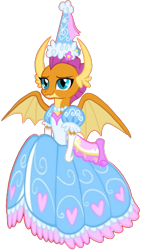 Size: 612x1083 | Tagged: safe, alternate version, artist:darlycatmake, smolder, dragon, g4, calm, clothes, cute, dragon wings, dragoness, dress, female, flower, flower in hair, froufrou glittery lacy outfit, gloves, happy, hat, hennin, jewelry, lidded eyes, long gloves, necklace, princess, princess smolder, puffy sleeves, relaxed, relaxed face, simple background, smiling, smirk, smolderbetes, solo, transparent background, wings