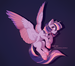 Size: 3000x2650 | Tagged: safe, artist:avroras_world, twilight sparkle, alicorn, pony, g4, chest fluff, colored wings, female, high res, long tail, looking away, mare, multicolored hair, multicolored wings, rainbow power, short mane, simple background, solo, tail, twilight sparkle (alicorn), wings
