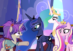 Size: 1243x874 | Tagged: safe, artist:kannakiller, princess cadance, princess celestia, princess luna, oc, oc:princess lilac glow, alicorn, pony, g4, base used, cape, castle, clothes, crown, digital art, flower, jewelry, looking at each other, looking at someone, pixel art, regalia, wings