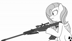 Size: 1280x720 | Tagged: safe, artist:makaryo, fluttershy, pegasus, pony, g4, animated, barrett, black and white, female, frown, grayscale, gun, hoof hold, m82a3, mare, monochrome, rifle, simple background, sniper rifle, snipershy, solo, sound, weapon, webm, white background