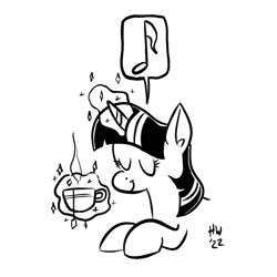 Size: 1280x1280 | Tagged: safe, artist:horsewizardart, twilight sparkle, pony, unicorn, g4, black and white, cup, eyes closed, female, glowing, glowing horn, grayscale, horn, levitation, magic, mare, monochrome, music notes, pictogram, simple background, smiling, solo, teabag, teacup, telekinesis, unicorn twilight, white background