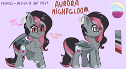 Size: 2758x1525 | Tagged: safe, artist:joaothejohn, oc, oc only, oc:aurora nightgloom, bat pony, pony, bat pony oc, commission, cute, flower, glasses, reference sheet, simple background, text, tongue out, wings