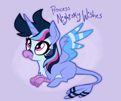 Size: 978x817 | Tagged: safe, artist:janegumball, oc, oc:princess nightsky wishes, alicorn, bird, hybrid, pony, crossover, crossover ship offspring, feather, female, horn, interspecies offspring, male, name, offspring, parent:mordecai, parent:twilight sparkle, parents:mordetwi, purple background, regular show, simple background, tail, wings