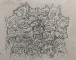 Size: 2590x2062 | Tagged: safe, artist:kabayo, oc, oc only, oc:bandy cyoot, hybrid, pony, raccoon, raccoon pony, female, grayscale, high res, looking at you, mare, monochrome, pencil drawing, smiling, smiling at you, traditional art