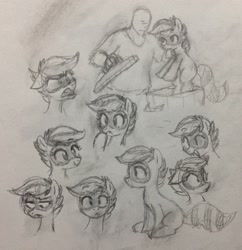 Size: 2341x2422 | Tagged: safe, artist:kabayo, oc, oc:anon, oc:bandy cyoot, human, pony, duo, female, grayscale, high res, holding a pony, male, mare, monochrome, pencil drawing, scruff, sketch, sketch dump, traditional art, trash can