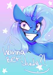 Size: 2150x3035 | Tagged: safe, artist:pozya1007, trixie, pony, unicorn, g4, bust, confident, female, grin, high res, mare, raised eyebrow, simple background, smiling, smug, solo