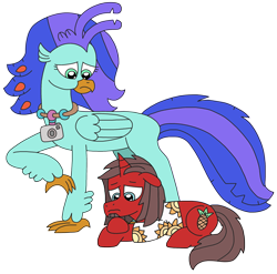 Size: 2673x2637 | Tagged: safe, artist:supahdonarudo, oc, oc only, oc:ironyoshi, oc:sea lilly, classical hippogriff, hippogriff, pony, unicorn, camera, clothes, high res, jewelry, looking down, lying down, necklace, prone, sad, shirt, simple background, transparent background
