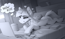 Size: 2340x1405 | Tagged: safe, artist:yakovlev-vad, twilight sparkle, alicorn, pony, g4, bed, bedroom eyes, book, computer, earbuds, female, folded wings, heart, lacrimal caruncle, laptop computer, lying down, mare, monochrome, now kiss, on bed, pillow, prone, shipper on deck, slender, smiling, smirk, solo, sternocleidomastoid, thin, thought bubble, twilight sparkle (alicorn), twilight the shipper, wings