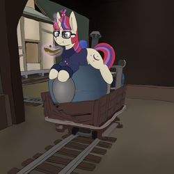 Size: 3800x3800 | Tagged: artist needed, safe, moondancer, pony, unicorn, g4, /mlp/ tf2 general, :t, cart, eating, food, high res, lying down, magic, payload, prone, sandvich, sandwich, solo, team fortress 2, telekinesis, tunnel
