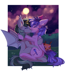 Size: 5172x5568 | Tagged: safe, artist:cheekipone, oc, oc only, oc:scrimmy, oc:stargazermap, bat pony, bee, insect, pegasus, pony, bat pony oc, bat wings, complex background, cute, duo, duo male, ethereal mane, eyes closed, folded wings, gay, hug, kiss on the lips, kissing, male, night, pegasus oc, plushie, pony oc, spread wings, stallion, starry mane, starry tail, stars, tail, wings