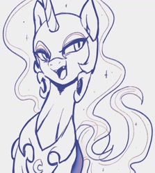 Size: 1159x1300 | Tagged: safe, artist:maren, nightmare moon, alicorn, pony, g4, 2021, doodle, fangs, female, jewelry, mare, monochrome, old art, open mouth, regalia, smiling, smirk, solo