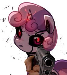 Size: 1121x1261 | Tagged: safe, alternate version, artist:maren, sweetie belle, pony, robot, robot pony, unicorn, g4, 2021, angry, delet this, gun, hand, meme, old art, red eyes, simple background, solo, sweetie bot, weapon, white background