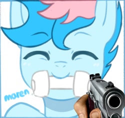 Size: 1600x1512 | Tagged: safe, artist:maren, oc, oc only, oc:blue chewings, earth pony, pony, 2021, ^^, eyes closed, gun, looking at you, meme, old art, simple background, solo, weapon, white background