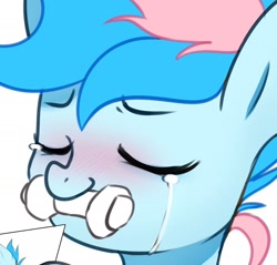 Size: 1556x1489 | Tagged: safe, artist:maren, oc, oc only, oc:blue chewings, earth pony, pony, 2021, blushing, bust, cropped, crying, eyes closed, holding, old art, portrait, simple background, solo, tears of joy, white background