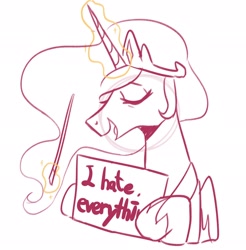 Size: 2016x2048 | Tagged: safe, artist:maren, princess celestia, alicorn, pony, g4, bust, depressed, doodle, eyes closed, glowing, glowing horn, high res, horn, jewelry, levitation, magic, open mouth, open smile, regalia, sign, smiling, solo, telekinesis