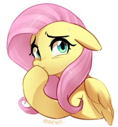 Size: 1229x1318 | Tagged: safe, artist:maren, fluttershy, pegasus, pony, g4, aside glance, bust, female, floppy ears, hoof over mouth, looking at you, mare, nervous, simple background, solo, sweat, sweatdrops, white background