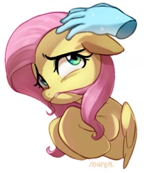 Size: 1408x1682 | Tagged: safe, artist:maren, fluttershy, pegasus, pony, g4, biting, bust, cute, disembodied hand, female, floppy ears, hair bite, hand, hooves to the chest, looking at something, looking sideways, mare, nervous, petting, shyabetes, simple background, solo, sweat, sweatdrops, white background