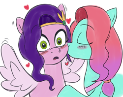 Size: 4137x3265 | Tagged: safe, artist:eagc7, jazz hooves, pipp petals, earth pony, pegasus, pony, g5, blushing, cheek kiss, duo, duo female, eyes closed, eyes open, female, heart, heart eyes, kissing, lesbian, mare, ship:jazzpipp, shipping, simple background, sketch, spread wings, wingboner, wingding eyes, wings