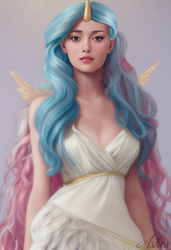 Size: 3328x4864 | Tagged: safe, artist:my-little-pop-artist, artist:ponyashes, princess celestia, human, g4, clothes, dress, female, horn, horned humanization, humanized, looking at you, realistic, solo, winged humanization, wings