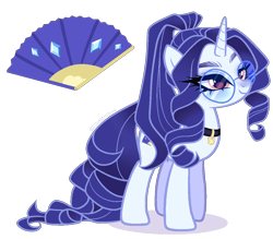 Size: 1220x1067 | Tagged: safe, artist:gihhbloonde, oc, oc only, pony, unicorn, choker, collar, fan, female, glasses, horn, long tail, mare, offspring, parent:hoity toity, parent:rarity, pink eyes, ponytail, round glasses, simple background, smiling, solo, standing, tail, transparent background, unicorn oc