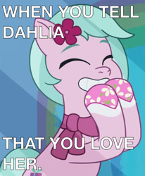 Size: 1118x1355 | Tagged: safe, edit, edited screencap, screencap, dahlia, earth pony, pony, all that jazz, g5, my little pony: tell your tale, spoiler:g5, spoiler:my little pony: tell your tale, spoiler:tyts01e27, adordahlia, cute, female, hoof polish, mare, raised hooves, solo, text