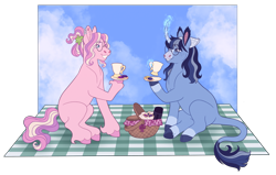 Size: 4861x3087 | Tagged: safe, artist:s0ftserve, oc, oc only, oc:milkweed, oc:rainy morning, earth pony, pony, unicorn, bandana, basket, cloven hooves, colored hooves, cup, curved horn, ear fluff, female, food, glasses, glowing, glowing horn, horn, leonine tail, magic, mare, picnic blanket, simple background, tail, teacup, telekinesis, transparent background, unshorn fetlocks
