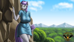 Size: 7680x4320 | Tagged: safe, artist:tsaritsaluna, boulder (g4), maud pie, earth pony, anthro, g4, big breasts, book, breasts, busty maud pie, cliff, clothes, dress, female, forest, mare, mountain, solo