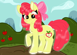 Size: 3338x2366 | Tagged: safe, artist:poniloni, apple bloom, earth pony, pony, g4, adorabloom, alternate cutie mark, blushing, cute, female, filly, foal, high res, raised hoof, solo