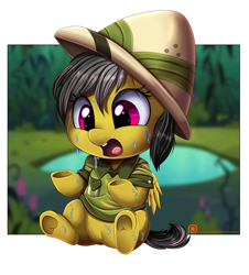 Size: 2930x3236 | Tagged: safe, artist:pridark, daring do, pegasus, pony, g4, age regression, baby, baby daring do, baby pony, clothes, cute, daring dorable, female, filly, filly daring do, foal, fountain of youth, hat, high res, open mouth, patreon, patreon logo, patreon reward, sitting, solo, url