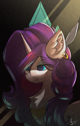 Size: 2192x3456 | Tagged: safe, artist:beardie, rarity, pony, unicorn, g4, bust, chest fluff, ear fluff, ear piercing, earring, feather, feather in hair, female, high res, jewelry, mare, painting, peytral, piercing, portrait, solo