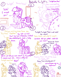 Size: 4779x6013 | Tagged: safe, artist:adorkabletwilightandfriends, moondancer, spike, starlight glimmer, twilight sparkle, alicorn, dragon, pony, unicorn, comic:adorkable twilight and friends, g4, adorkable, adorkable twilight, clock, close-up, comic, cute, door, dork, excited, family, female, fur, happy, holding, holding a pony, hug, humor, implied pooping, joke, jumping, love, luggage, mare, need to poop, perspective, prank, question, reflection, slice of life, spikabetes, suitcase, toilet humor, twilight sparkle (alicorn)