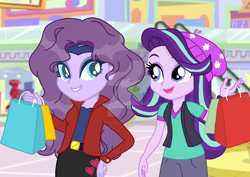 Size: 1920x1358 | Tagged: safe, artist:autisticeli, edit, starlight glimmer, oc, oc:violet sky vavoom, human, equestria girls, g4, beadie, canterlot mall, female, mother and child, mother and daughter, shopping