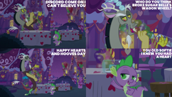Size: 4400x2475 | Tagged: safe, edit, edited screencap, editor:quoterific, screencap, discord, spike, draconequus, dragon, g4, the break up breakdown, balloon, bottle, discord being discord, glass bottle, heart, hearts and hooves day, male, table, text