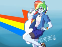 Size: 1181x887 | Tagged: safe, artist:cuttooth80808, rainbow dash, human, equestria girls, g4, clothes, cloud, raised leg, shoes, smiling, sneakers, solo, wristband