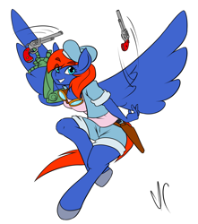 Size: 1080x1224 | Tagged: safe, artist:iancomics, oc, oc only, oc:kam pastel, pegasus, anthro, commission, goggles, gun, gunslinger, hooves, looking at you, prosthetics, simple background, smiling, solo, spread wings, weapon, white background, wings