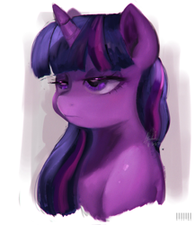 Size: 1781x2048 | Tagged: safe, artist:riukime, twilight sparkle, pony, g4, bust, lidded eyes, solo, unamused