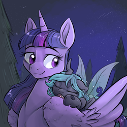 Size: 1000x1000 | Tagged: source needed, safe, artist:smirk, twilight sparkle, oc, oc:chrys, alicorn, changeling, changeling queen, pony, g4, changeling queen oc, cute, duo, fanfic art, floppy ears, foal, forest, night, shooting star, sleeping, stars, twilight sparkle (alicorn)