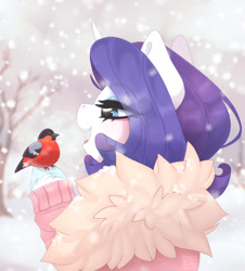 Size: 1024x1134 | Tagged: safe, artist:elektra-gertly, rarity, bird, bullfinch, pony, unicorn, g4, open mouth, snow, solo, winter