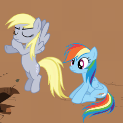 Size: 1000x1000 | Tagged: safe, edit, edited screencap, editor:sasha-flyer, screencap, derpy hooves, rainbow dash, pegasus, pony, g4, the last roundup, animated, brown background, butt touch, character swap, duo, eyes closed, falling, female, hoof on butt, mare, role reversal, simple background, vector