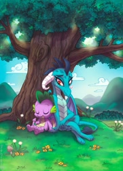 Size: 867x1200 | Tagged: safe, artist:whitediamonds, part of a set, princess ember, spike, dragon, g4, dandelion, dragoness, duo, eyes closed, female, grass, holding hands, looking at someone, male, mushroom, outdoors, ship:emberspike, shipping, sitting, smiling, straight, tree, under the tree
